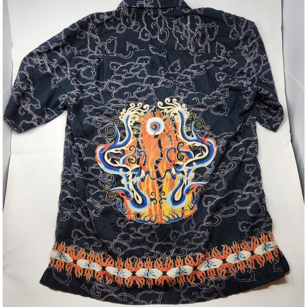 Vintage Utility Shirt Mens Medium Black Button Up Flames And Dragon Graphic